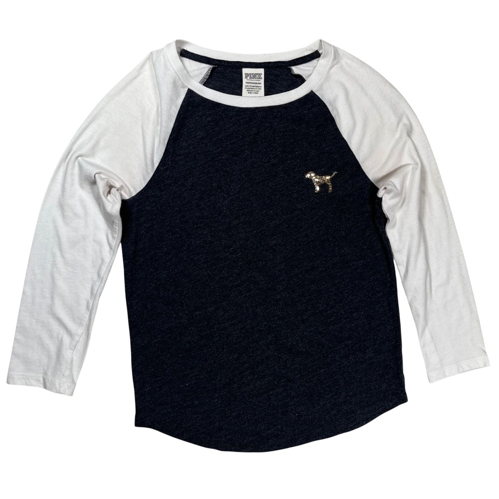 PINK Victoria's Secret Baseball Tee Womens XS Gray White Sequin Raglan Shirt Y2K